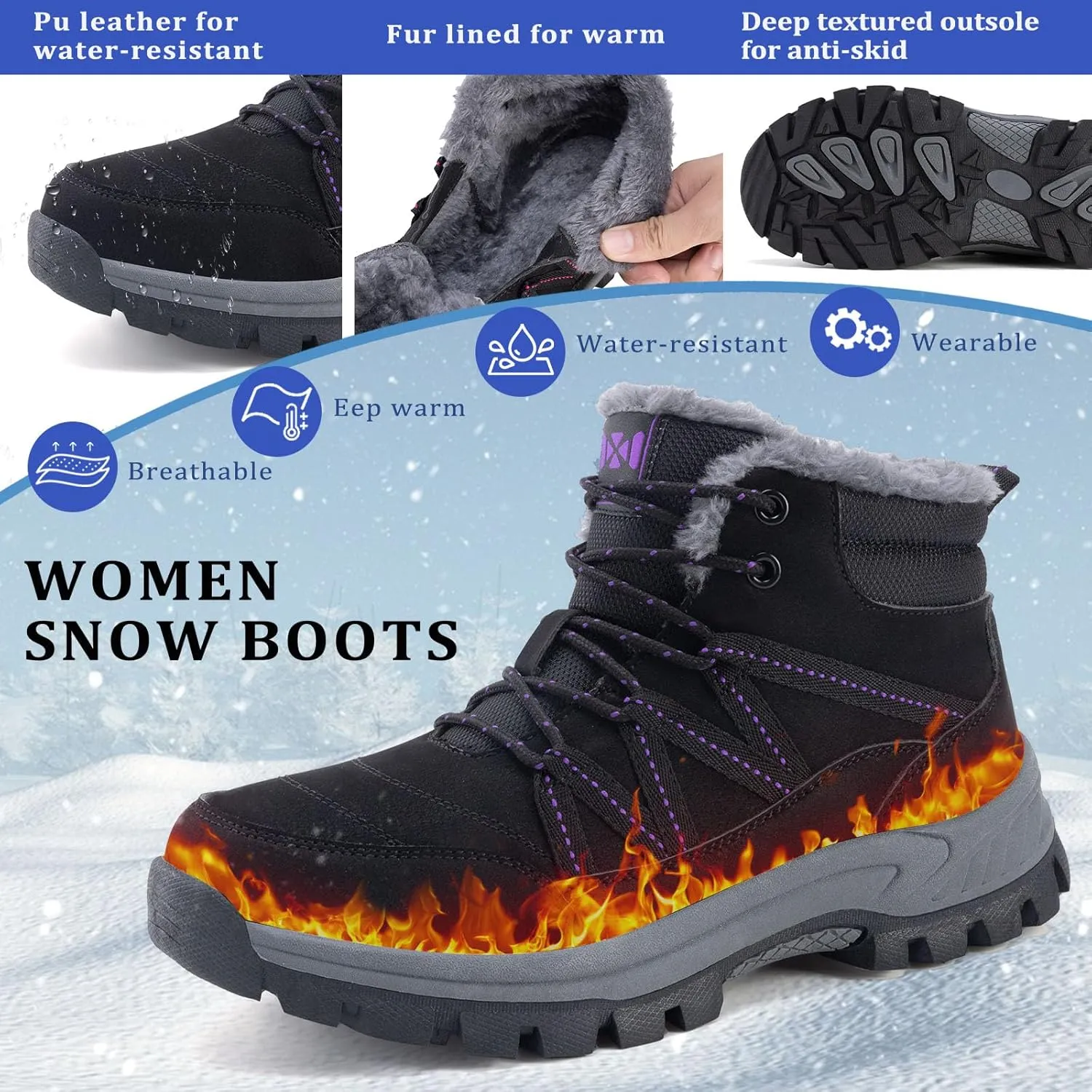 Moodeng Women Winter Boots Warm Comfortable Outdoor Ankle Boots Lace Up Hiking Boots Non-Slip Trekking Shoes