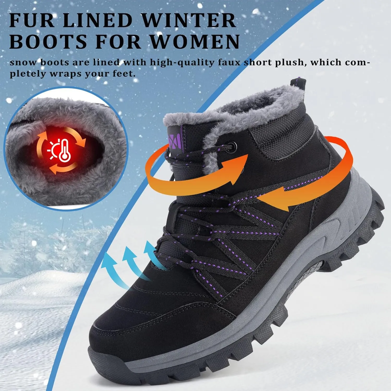 Moodeng Women Winter Boots Warm Comfortable Outdoor Ankle Boots Lace Up Hiking Boots Non-Slip Trekking Shoes
