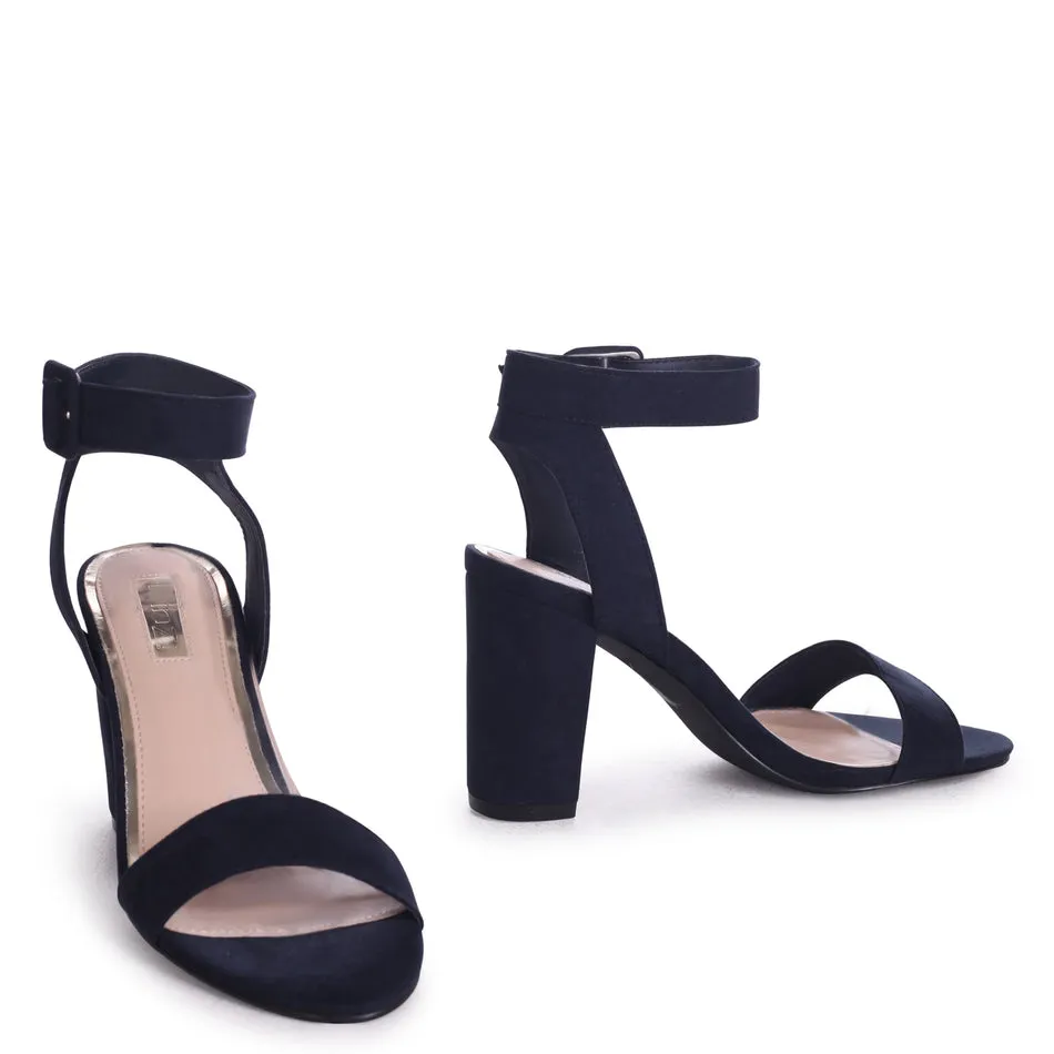 Navy Suede Open Toe Block Heel With Ankle Strap And Buckle Detail