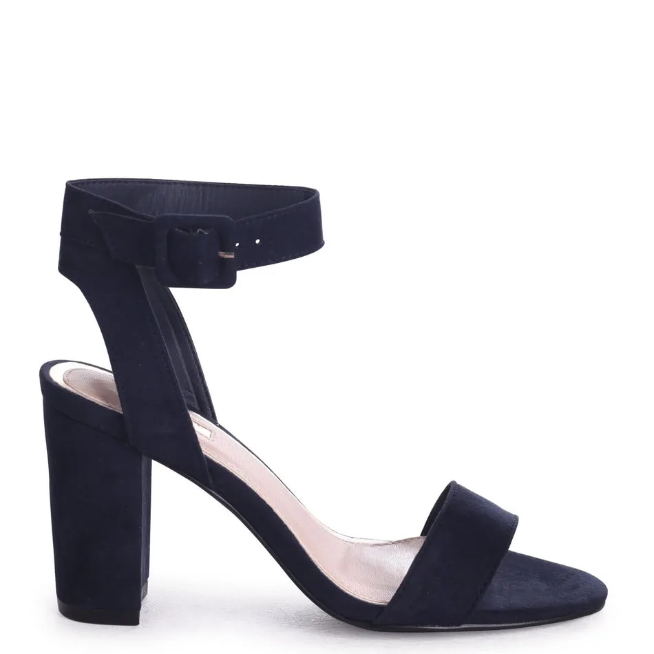 Navy Suede Open Toe Block Heel With Ankle Strap And Buckle Detail