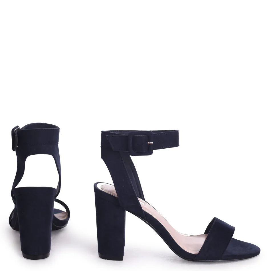 Navy Suede Open Toe Block Heel With Ankle Strap And Buckle Detail