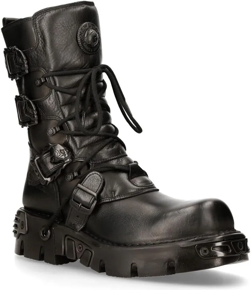 New Rock Men's Metallic 391 Black Reactor Skull Devil Goth Punk Leather Calf Boots