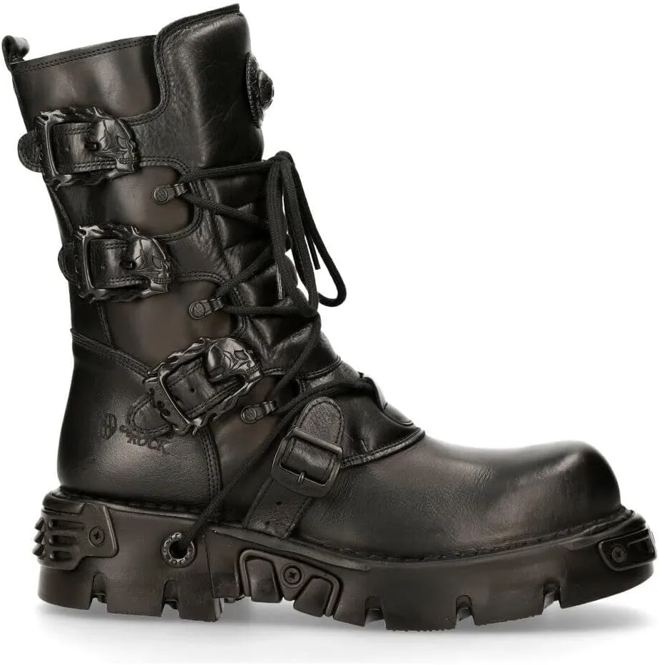 New Rock Men's Metallic 391 Black Reactor Skull Devil Goth Punk Leather Calf Boots