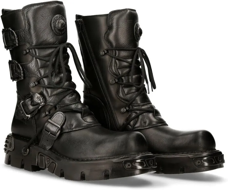 New Rock Men's Metallic 391 Black Reactor Skull Devil Goth Punk Leather Calf Boots