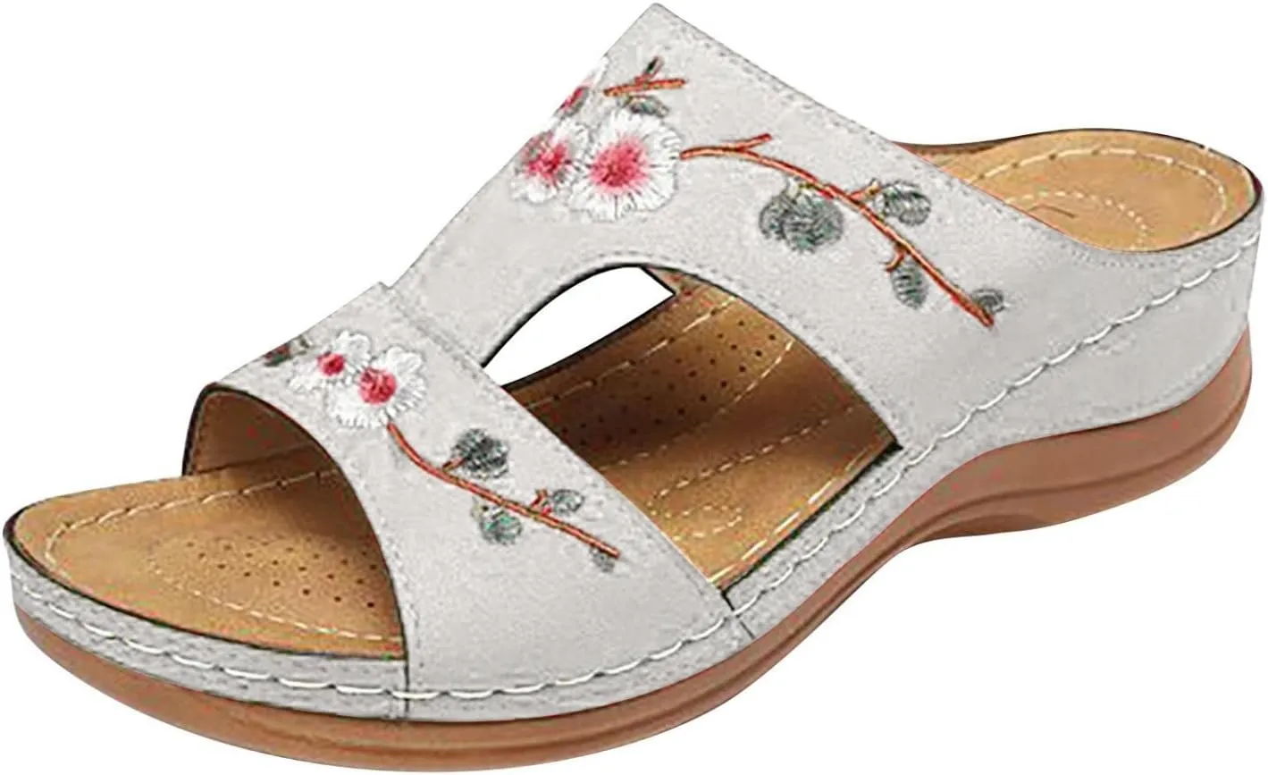 oiangi Women's Sandals Comfortable Wedge Sandals with Arch Support Summer Casual Fish Mouth Open Toe Slip-on Slipper Flower Hollow Platform Slides Flip Flops