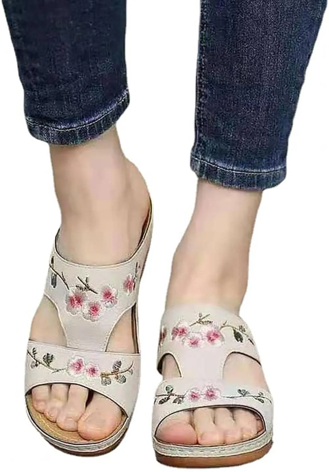 oiangi Women's Sandals Comfortable Wedge Sandals with Arch Support Summer Casual Fish Mouth Open Toe Slip-on Slipper Flower Hollow Platform Slides Flip Flops