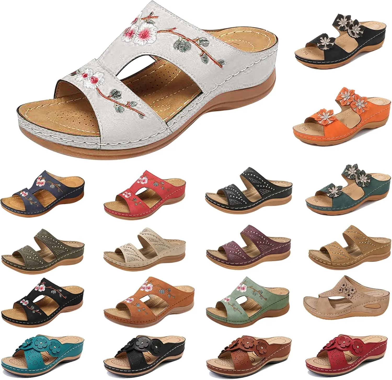 oiangi Women's Sandals Comfortable Wedge Sandals with Arch Support Summer Casual Fish Mouth Open Toe Slip-on Slipper Flower Hollow Platform Slides Flip Flops