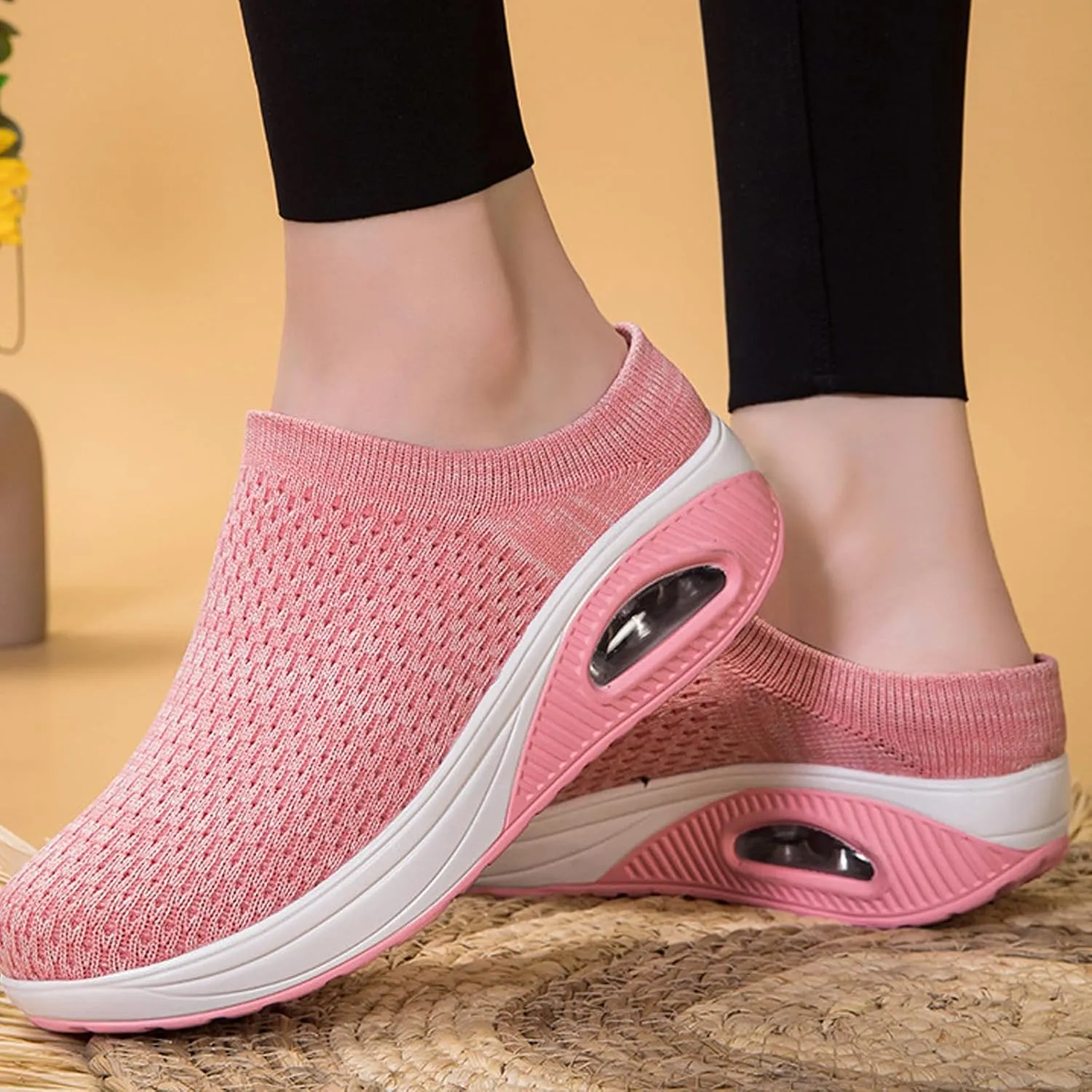 Orthopedic Mule Clogs for Women Stretch Knitted Platform Closed Round Toe Comfortable Breathable Air Cushion Walking Sliipers Open Back Wedge Heel Casual Mules Sneaker with Arch Support