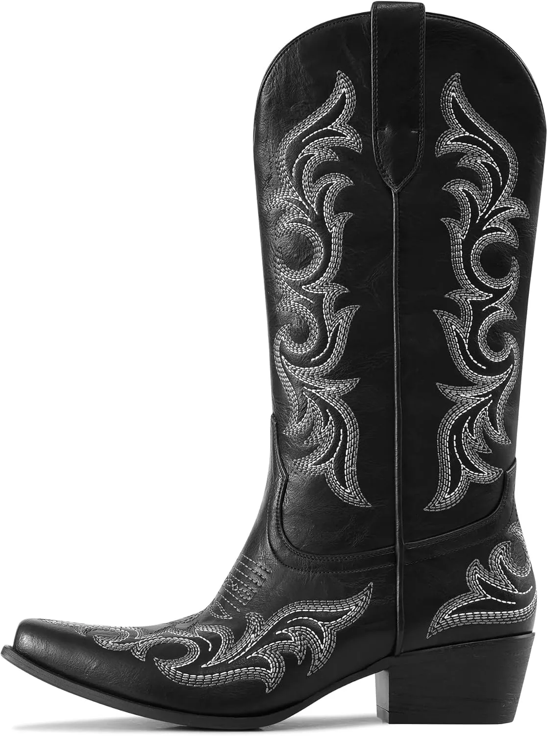 Ouepiano Cowboy Boots for Women Cowgirl Mid Calf Western Embroidered Chunky heels Pointed Toe Pull On Vintage Fashion Country Boot