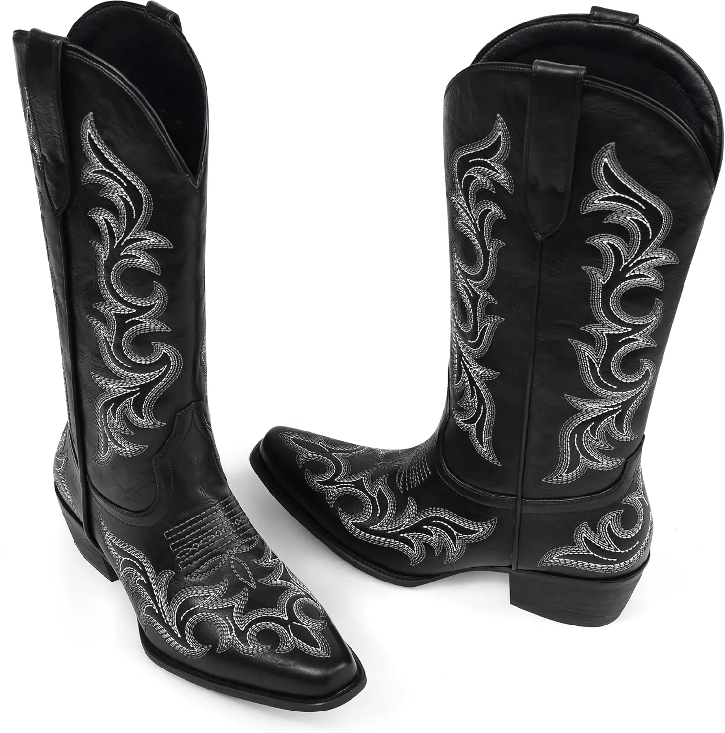 Ouepiano Cowboy Boots for Women Cowgirl Mid Calf Western Embroidered Chunky heels Pointed Toe Pull On Vintage Fashion Country Boot