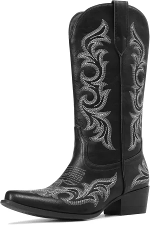 Ouepiano Cowboy Boots for Women Cowgirl Mid Calf Western Embroidered Chunky heels Pointed Toe Pull On Vintage Fashion Country Boot