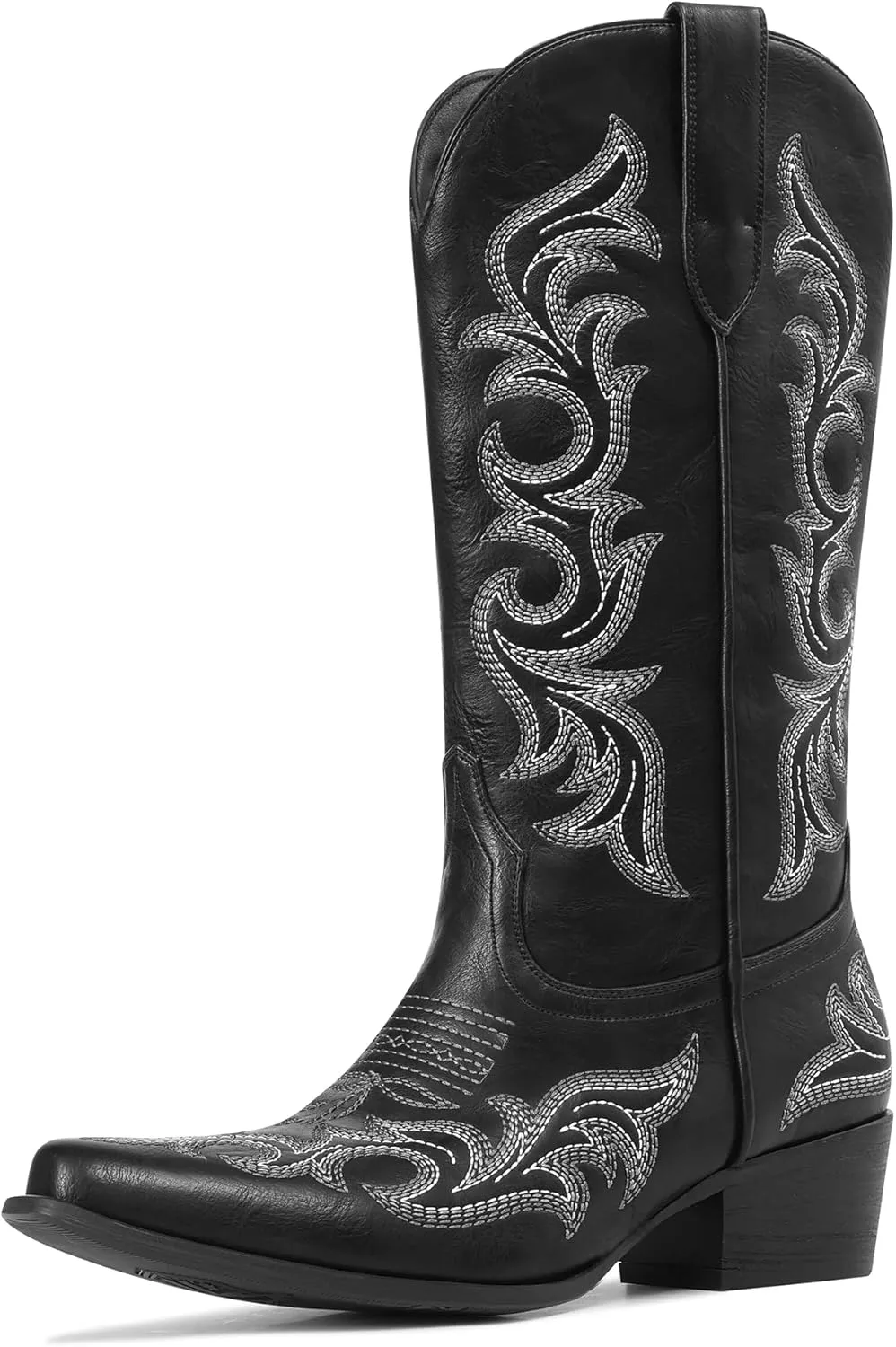 Ouepiano Cowboy Boots for Women Cowgirl Mid Calf Western Embroidered Chunky heels Pointed Toe Pull On Vintage Fashion Country Boot