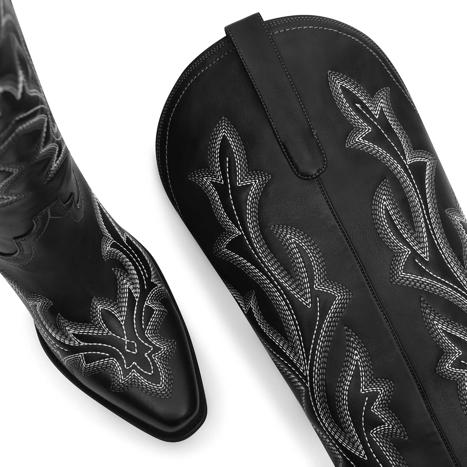 Ouepiano Cowboy Boots for Women Cowgirl Mid Calf Western Embroidered Chunky heels Pointed Toe Pull On Vintage Fashion Country Boot