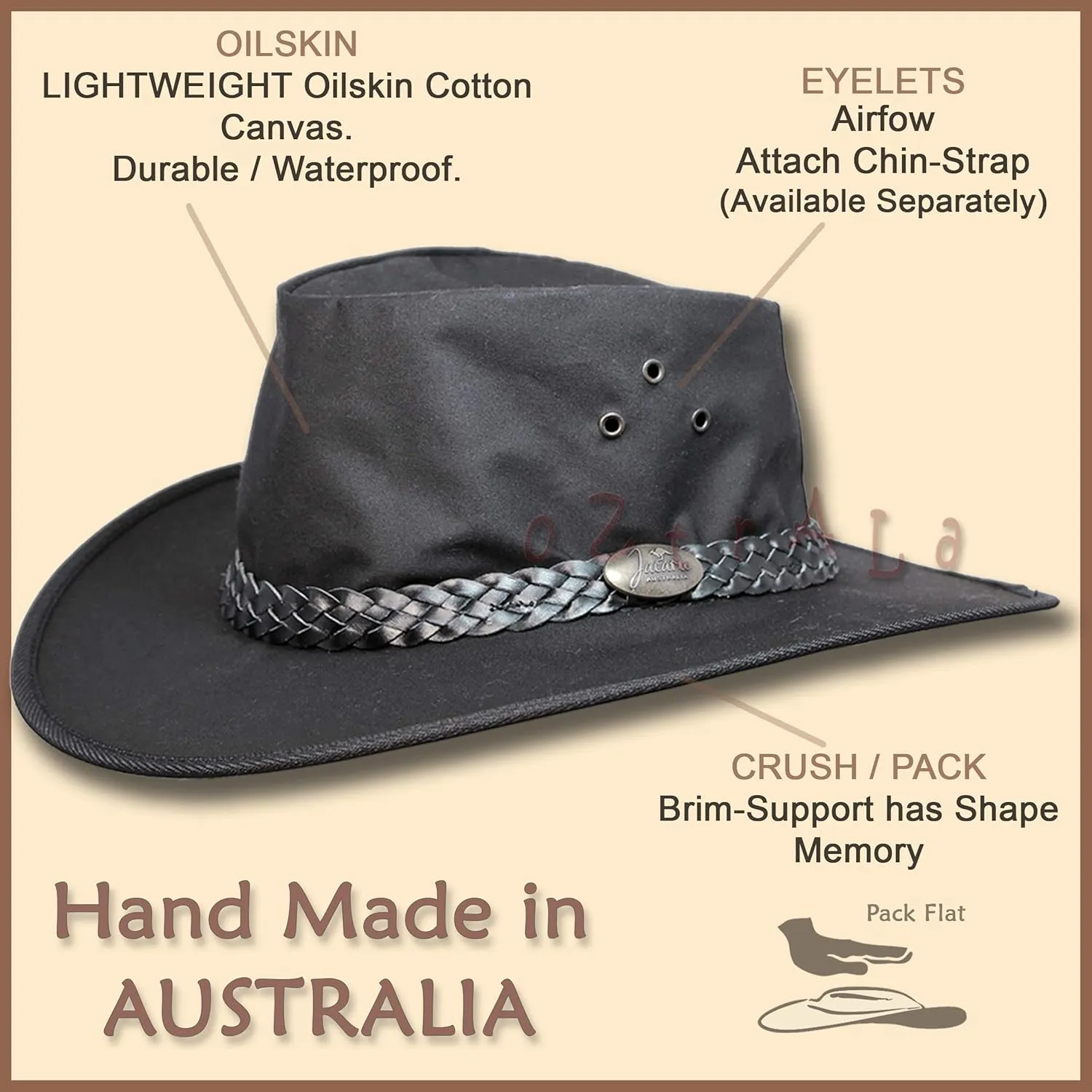Oztrala Hat Oilskin Canvas Australian Outback Leather Mens Black Cowboy Bucket HCKS HCKB US