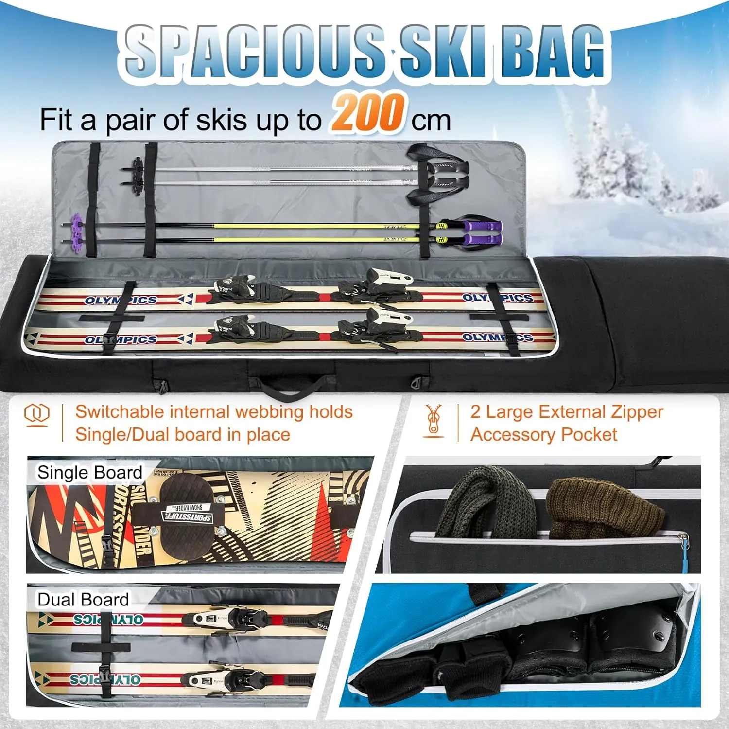 RAINSMORE Ski Bag and Boot Bag Combo 360°Fully Padded Ski Bags for Air Travel, Snowboard Bag Snow Ski Boot Bag Fit Skis Up to 200cm and Boots Up To Size US13, Water-Resistant Ski Boot Travel Bag