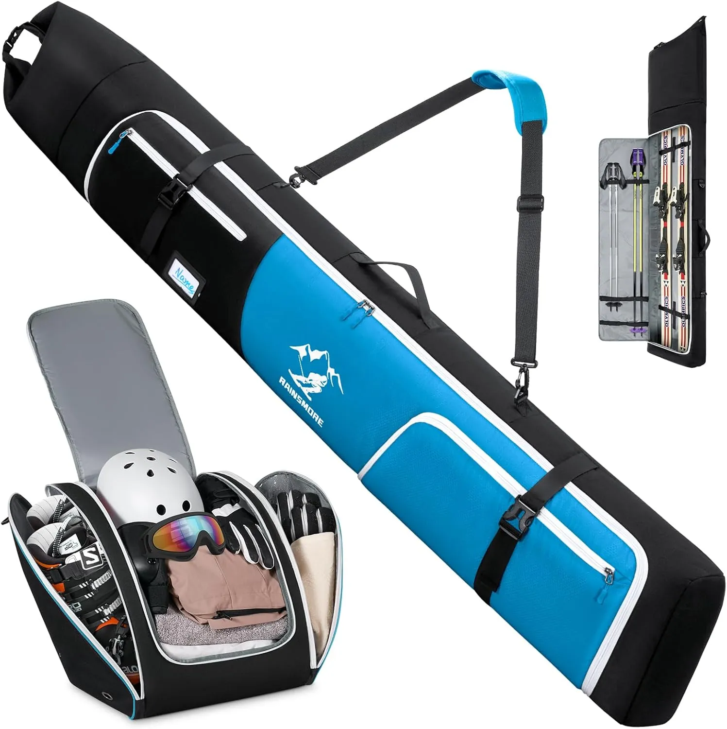 RAINSMORE Ski Bag and Boot Bag Combo 360°Fully Padded Ski Bags for Air Travel, Snowboard Bag Snow Ski Boot Bag Fit Skis Up to 200cm and Boots Up To Size US13, Water-Resistant Ski Boot Travel Bag