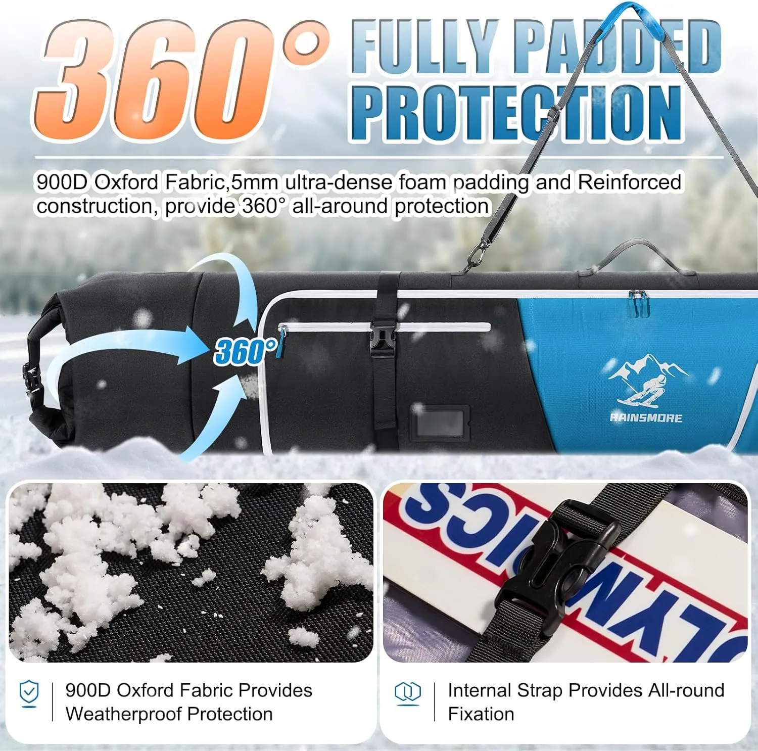 RAINSMORE Ski Bag and Boot Bag Combo 360°Fully Padded Ski Bags for Air Travel, Snowboard Bag Snow Ski Boot Bag Fit Skis Up to 200cm and Boots Up To Size US13, Water-Resistant Ski Boot Travel Bag