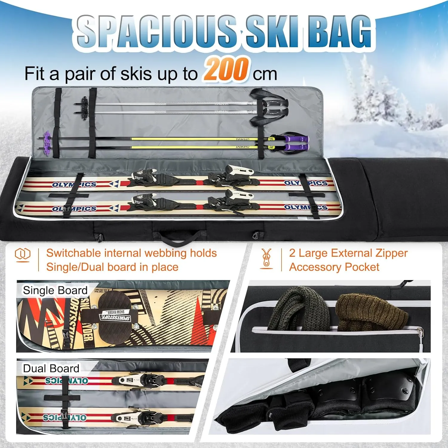 RAINSMORE Ski Bag and Boot Bag Combo 360°Fully Padded Ski Bags for Air Travel, Snowboard Bag Snow Ski Boot Bag Fit Skis Up to 200cm and Boots Up To Size US13, Water-Resistant Ski Boot Travel Bag