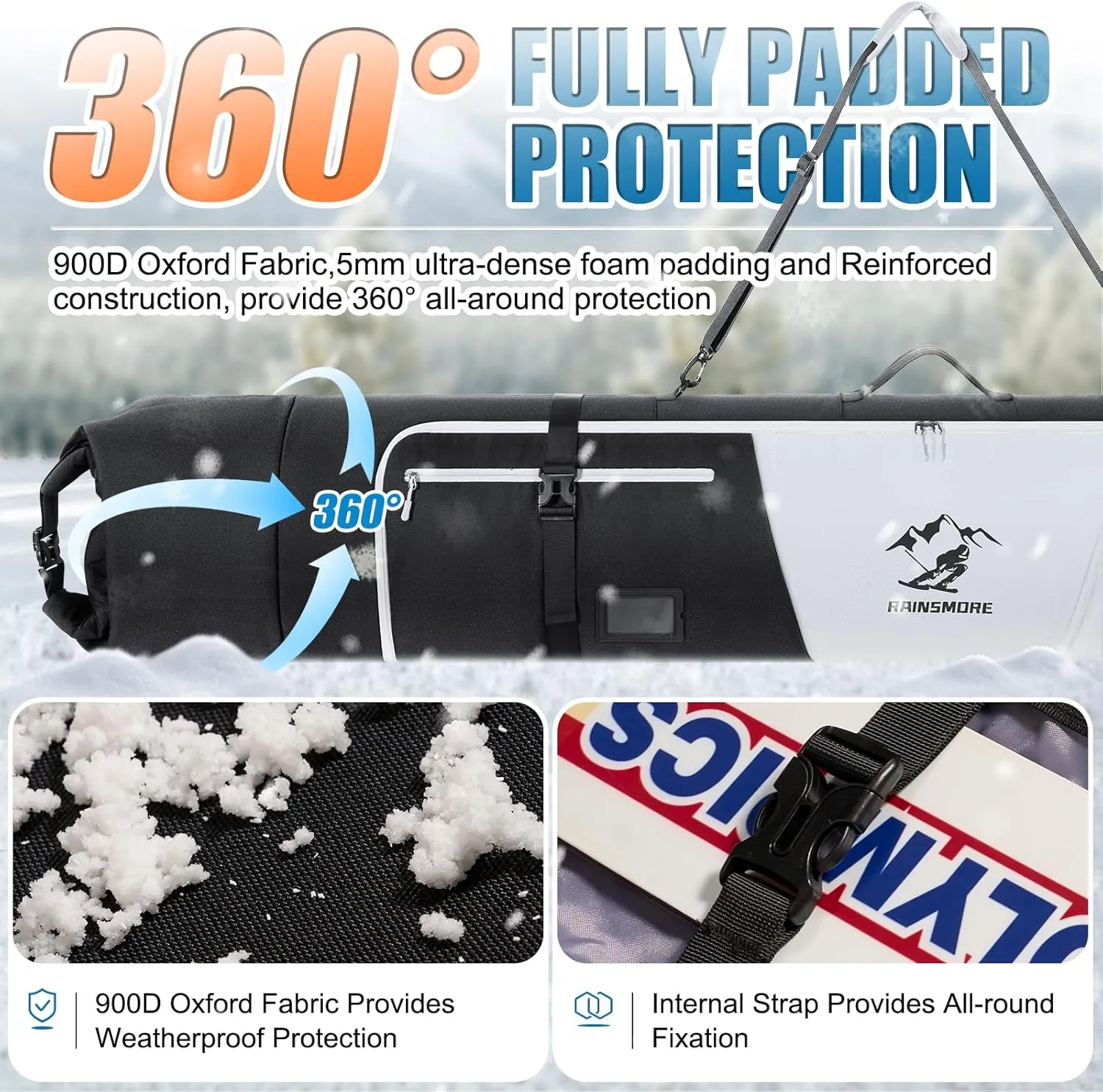 RAINSMORE Ski Bag and Boot Bag Combo 360°Fully Padded Ski Bags for Air Travel, Snowboard Bag Snow Ski Boot Bag Fit Skis Up to 200cm and Boots Up To Size US13, Water-Resistant Ski Boot Travel Bag