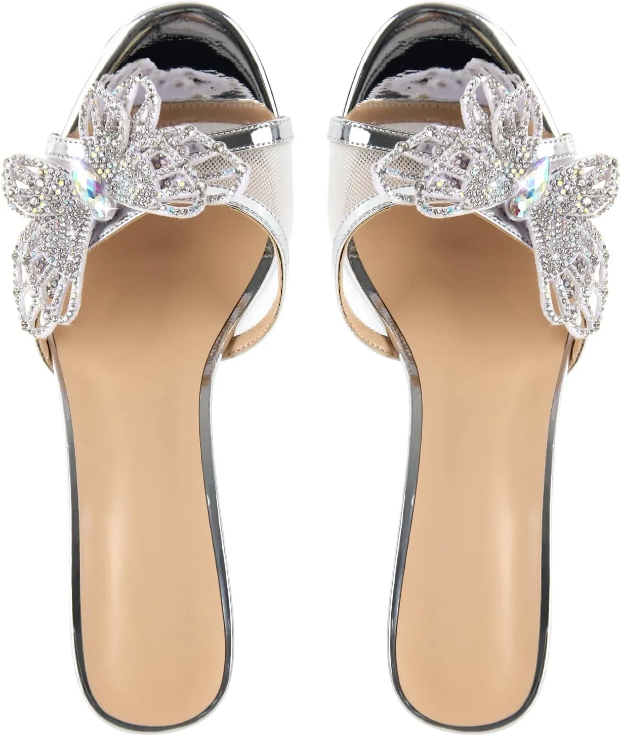 richealnini Rhinestone Butterfly Mules Heels for Women Slip On Stiletto High Heels Gllitter Pointed Toe Slide Sandals
