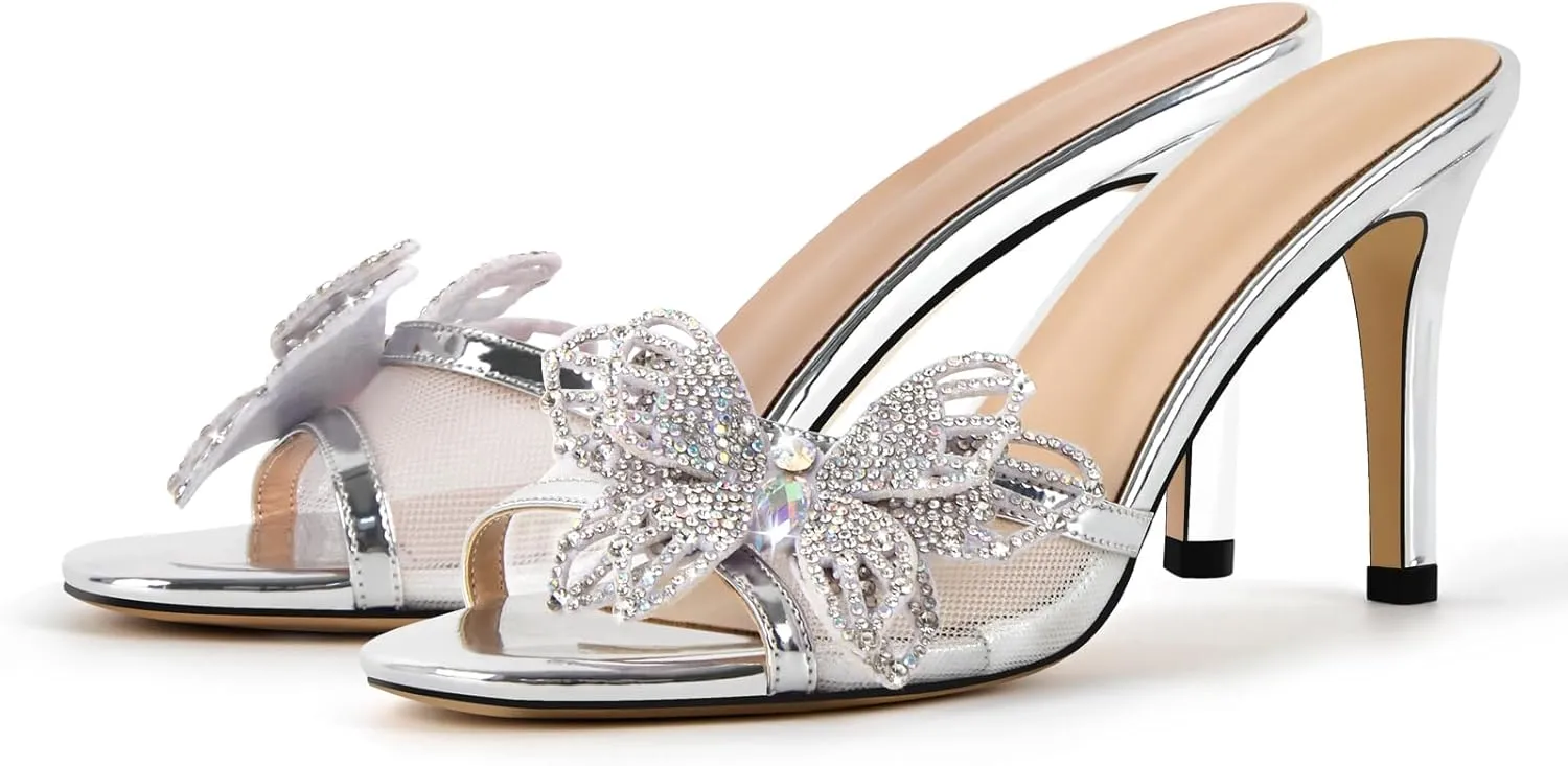 richealnini Rhinestone Butterfly Mules Heels for Women Slip On Stiletto High Heels Gllitter Pointed Toe Slide Sandals