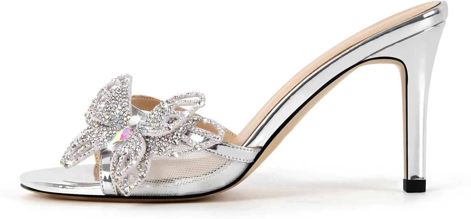 richealnini Rhinestone Butterfly Mules Heels for Women Slip On Stiletto High Heels Gllitter Pointed Toe Slide Sandals
