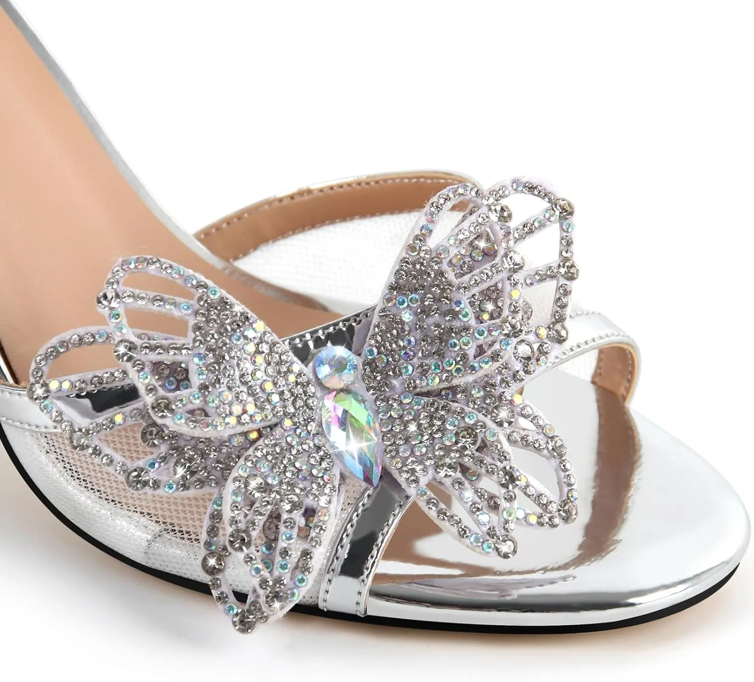 richealnini Rhinestone Butterfly Mules Heels for Women Slip On Stiletto High Heels Gllitter Pointed Toe Slide Sandals