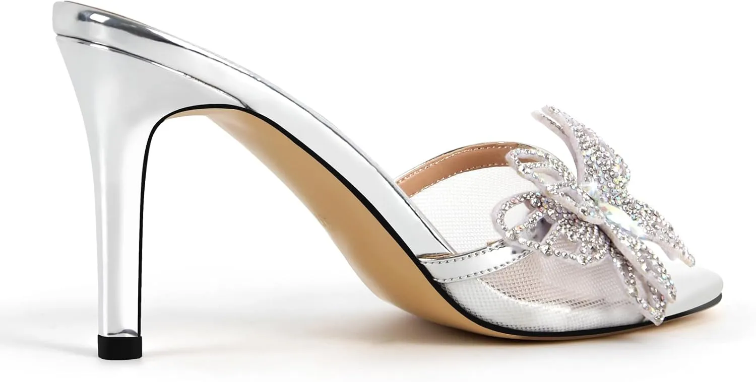 richealnini Rhinestone Butterfly Mules Heels for Women Slip On Stiletto High Heels Gllitter Pointed Toe Slide Sandals