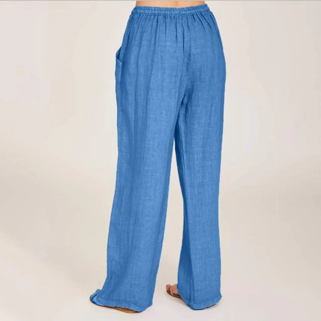 Ruziyoog Women's Cotton Linen Pants Summer Drawstring Waist Wide Leg Lounge Palazzo Pants Casual Loose Yoga Trousers