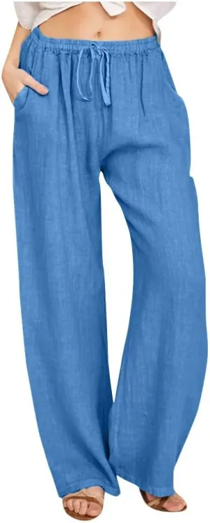 Ruziyoog Women's Cotton Linen Pants Summer Drawstring Waist Wide Leg Lounge Palazzo Pants Casual Loose Yoga Trousers