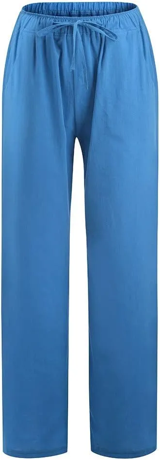 Ruziyoog Women's Cotton Linen Pants Summer Drawstring Waist Wide Leg Lounge Palazzo Pants Casual Loose Yoga Trousers