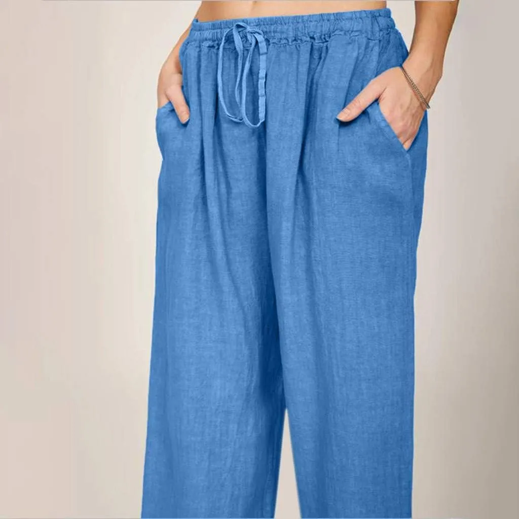 Ruziyoog Women's Cotton Linen Pants Summer Drawstring Waist Wide Leg Lounge Palazzo Pants Casual Loose Yoga Trousers