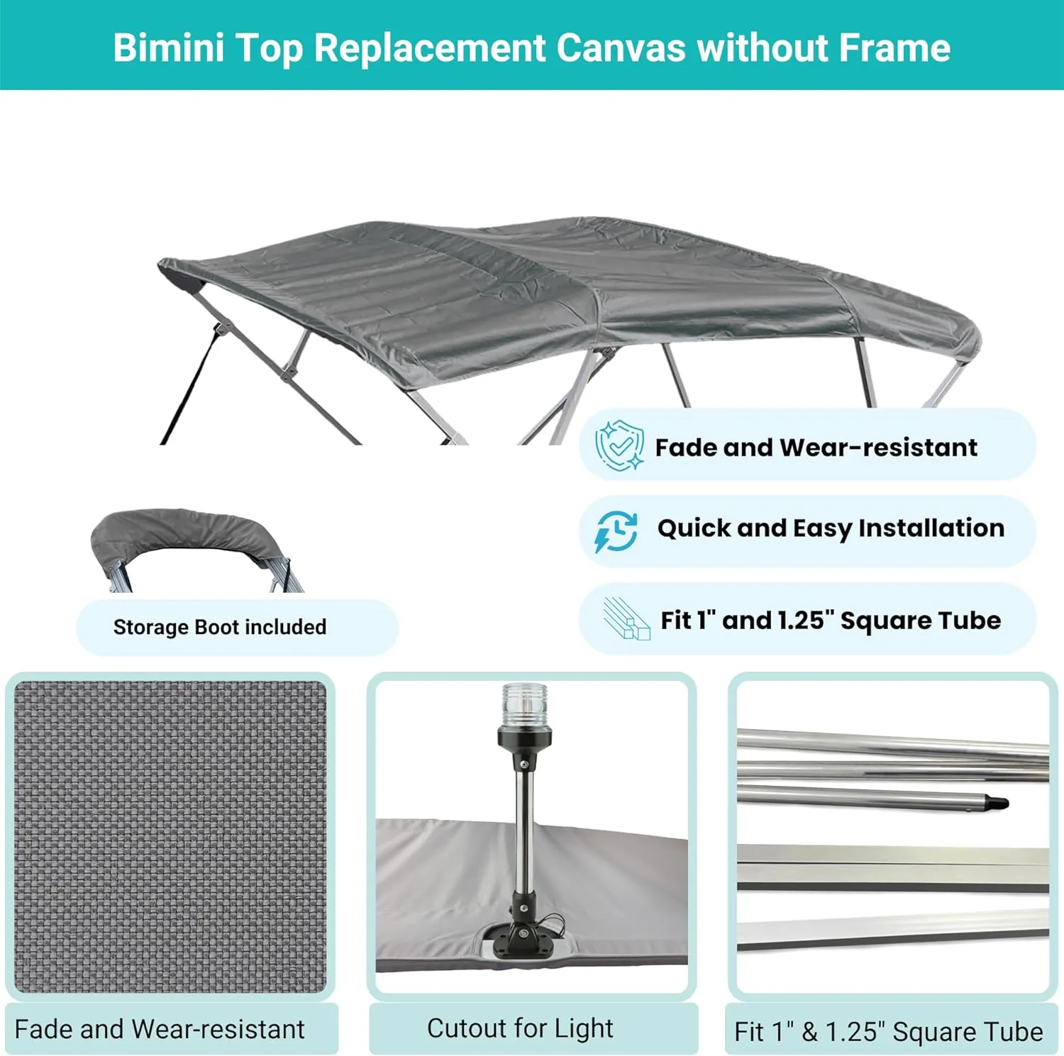 SavvyCraft 4 Bow Bimini Top Replacement Cover 10 Feet Long, Durable Marine Grade Canvas Sun Shade Boat Canopy, Easy Install Zipper Sleeves, 4 Bow 120 inches Long, 91-96 inches Wide, Grey Color