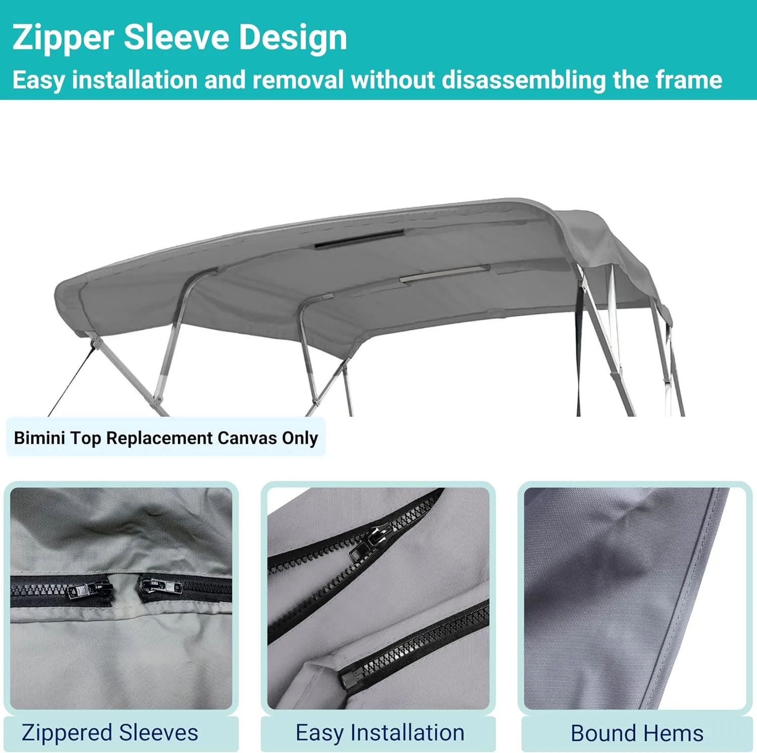 SavvyCraft 4 Bow Bimini Top Replacement Cover 10 Feet Long, Durable Marine Grade Canvas Sun Shade Boat Canopy, Easy Install Zipper Sleeves, 4 Bow 120 inches Long, 91-96 inches Wide, Grey Color