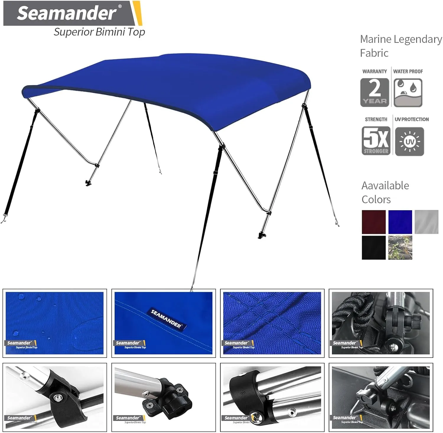 Seamander Inflatable Boat Bimini Tops,Rib Canopy Boat Top Cover 1.5mm Thickness Aluminum Tube with Mounting Hardwares (Pacific Blue, 2 Bow 59" L x 42"- 49" W x 39.4" H)
