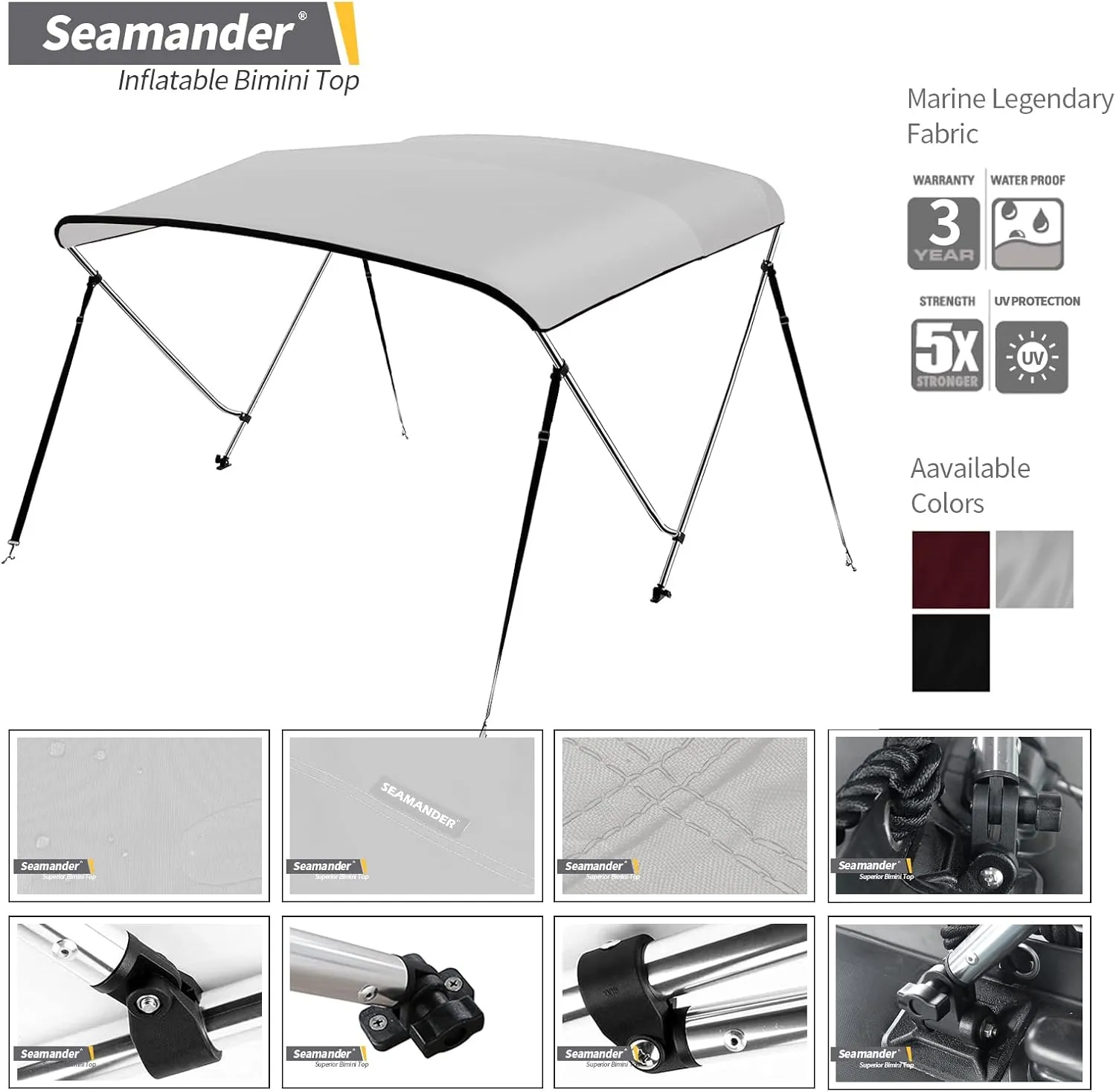Seamander Inflatable Boat Bimini Tops,Rib Canopy Boat Top Cover 1.5mm Thickness Aluminum Tube with Mounting Hardwares