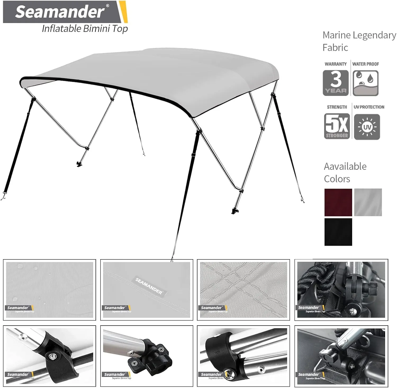 Seamander Inflatable Boat Bimini Tops,Rib Canopy Boat Top Cover 1.5mm Thickness Aluminum Tube with Mounting Hardwares(Gray)