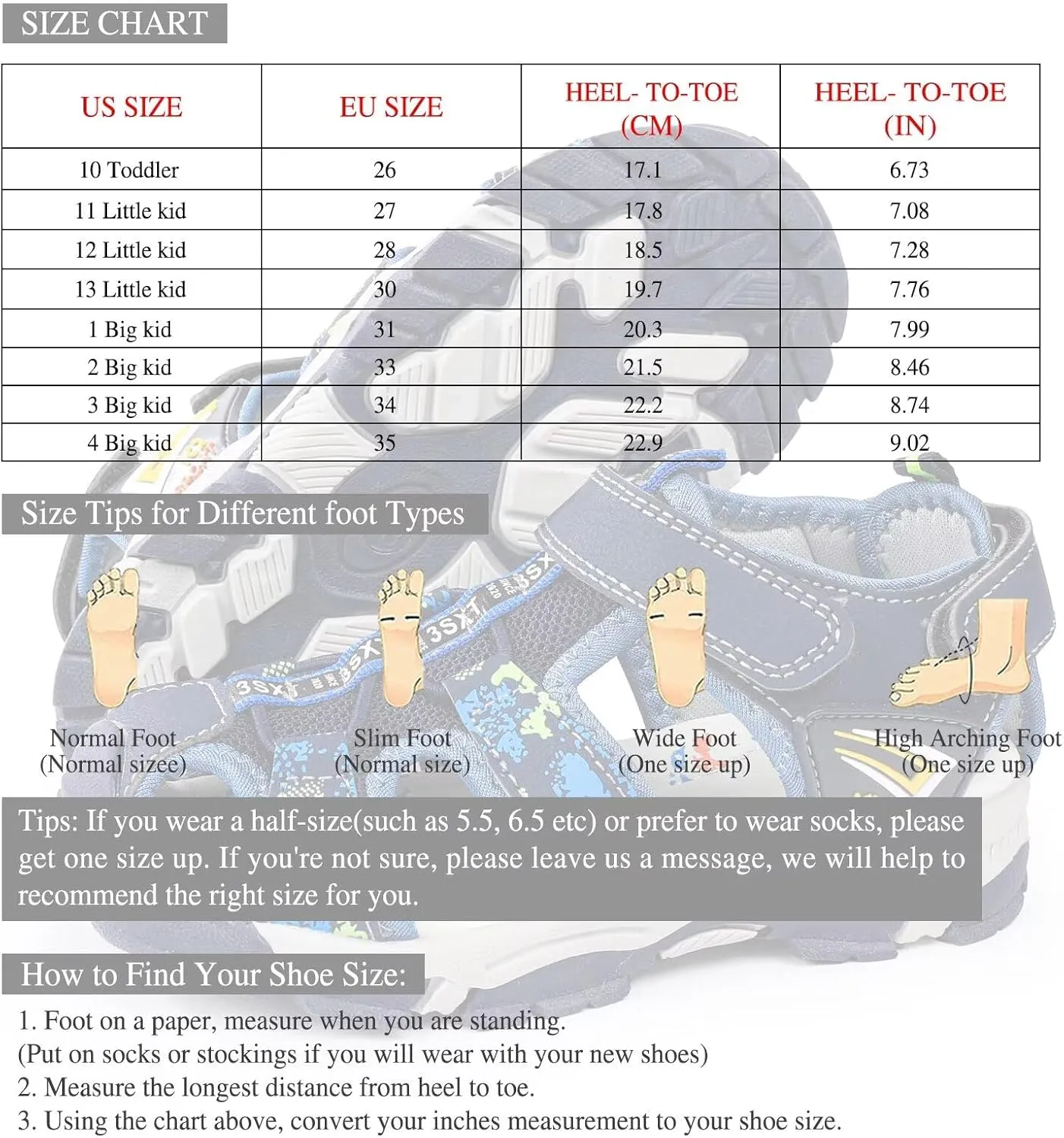 seannel Kids Athletic Sandals Boys and Girls Outdoor Hiking Sports Closed-Toe Sandal Pool Beach Shoes Summer Water shoes