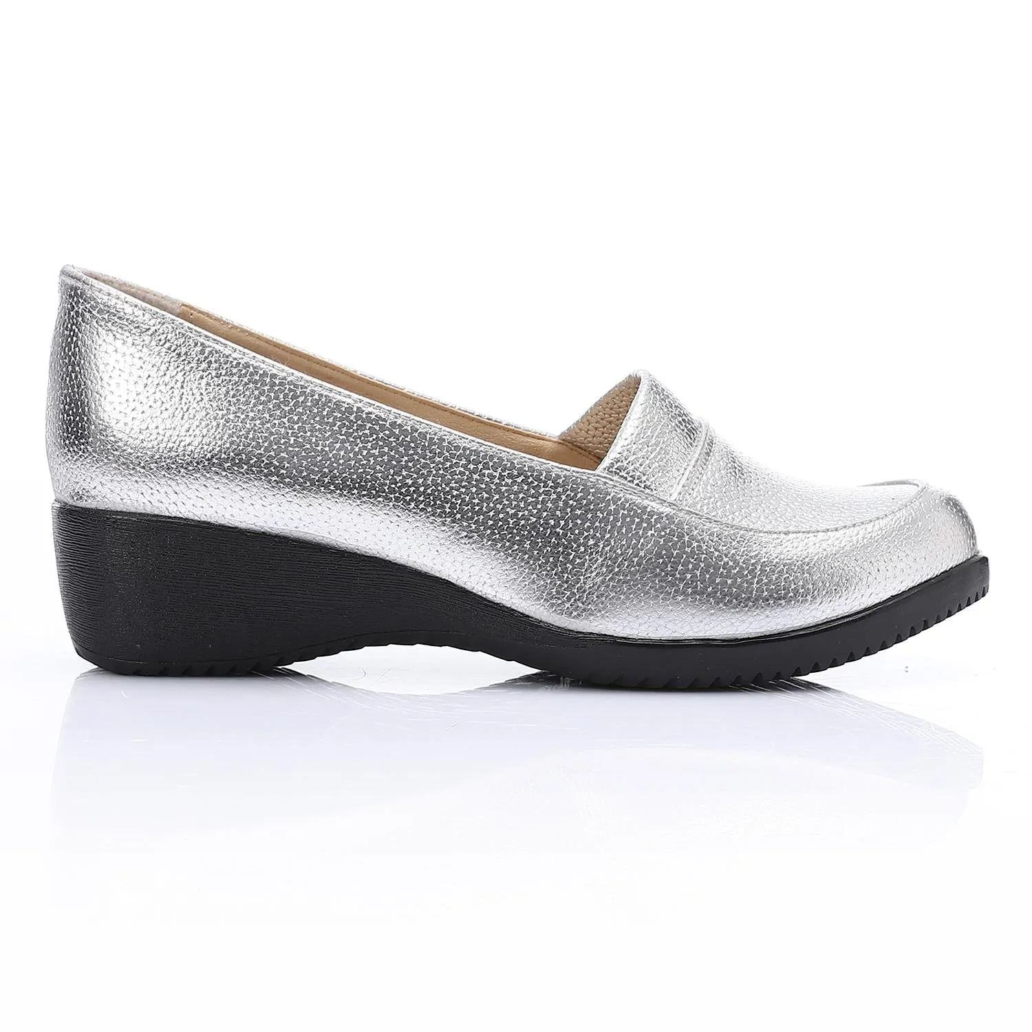 Silver Textured Wedge Loafers