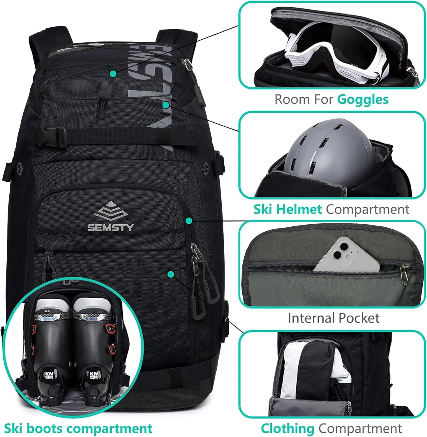 Ski Boot Bag, 55L Waterproof Ski and Snowboard Boots Travel Backpack for Skis, Snowboard, Ski Helmet, & Accessories