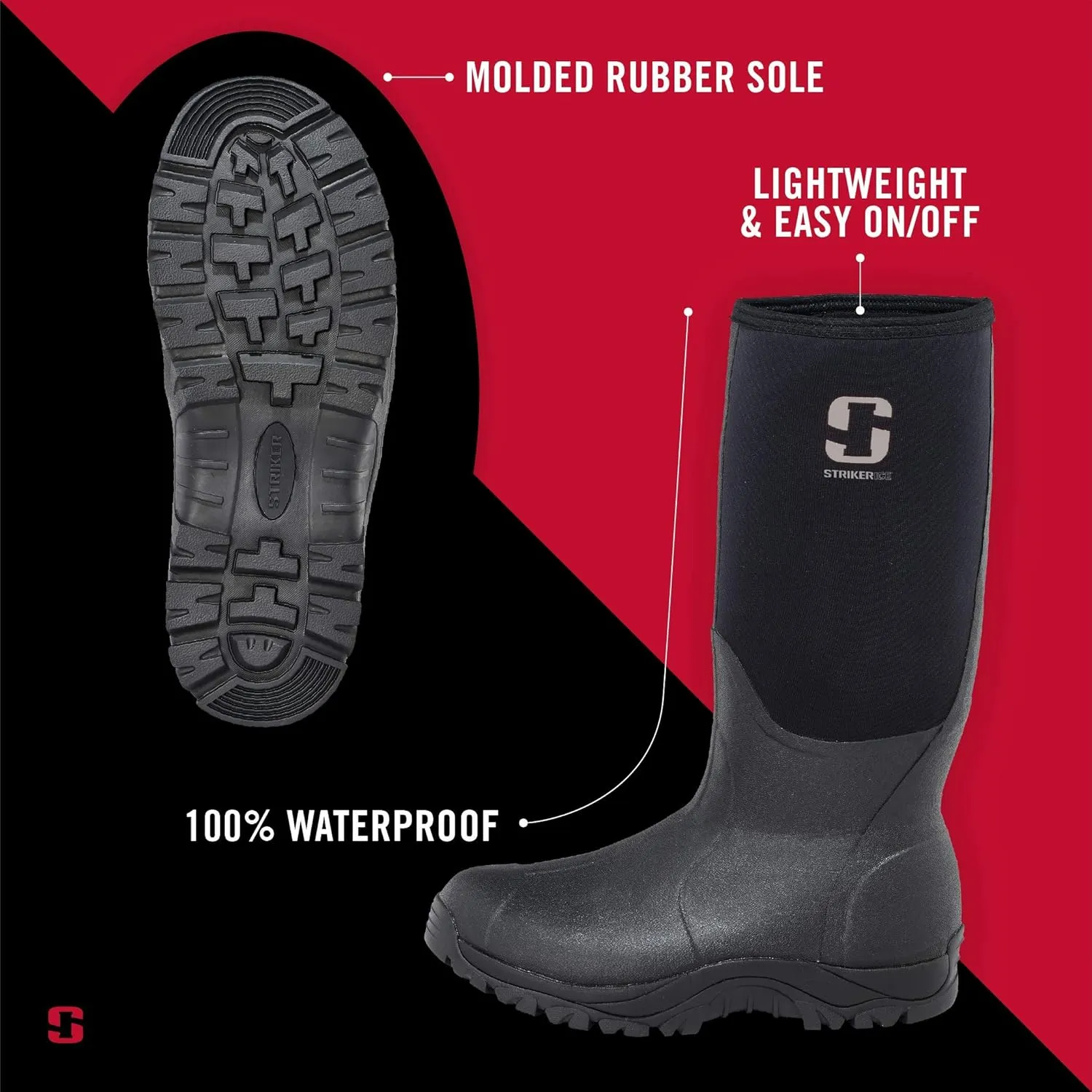 Striker Men's Durable Waterproof Lightweight Insulated Easy On/Off Outdoor Fishing Ice Boot with Molded Rubber Sole