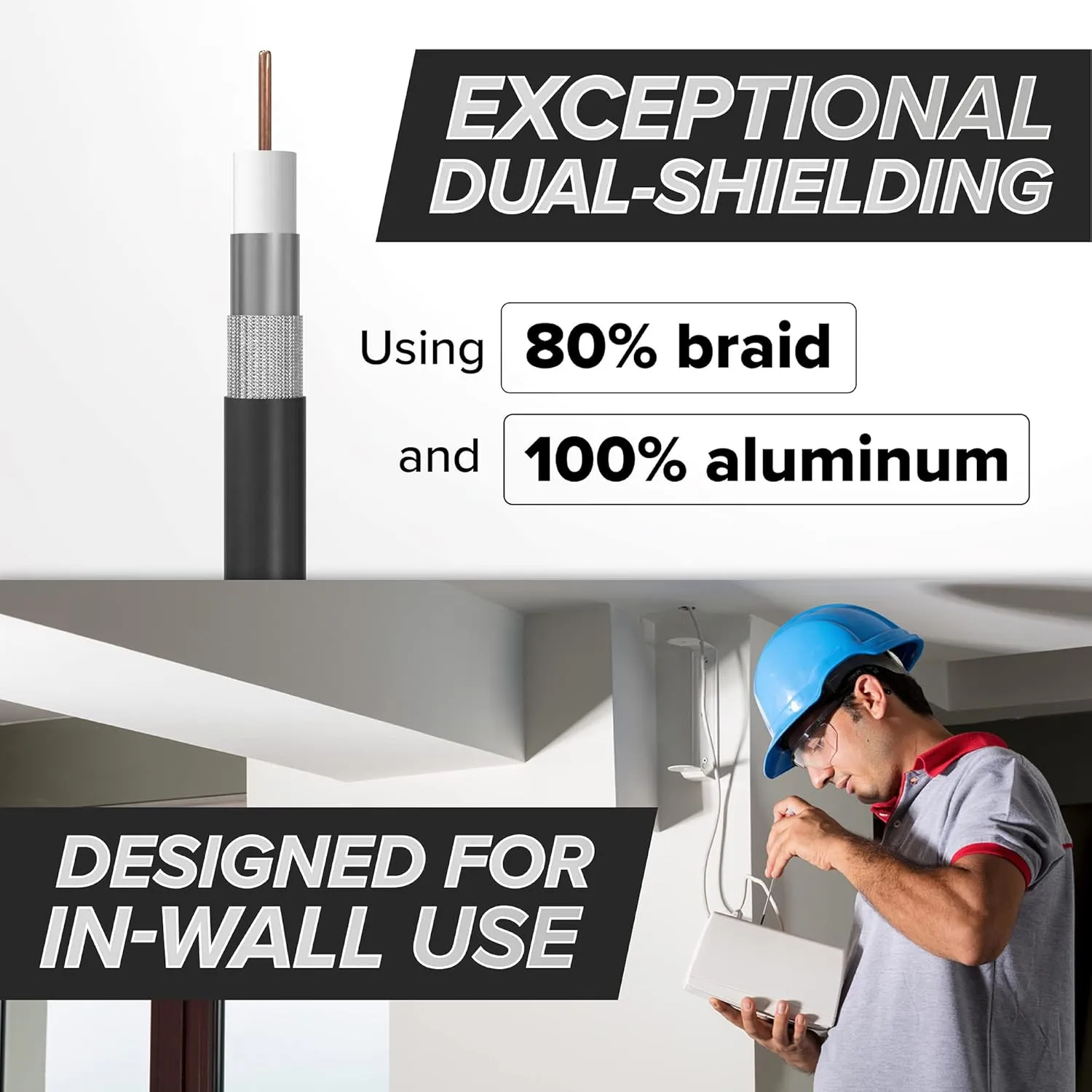 THE CIMPLE CO Coaxial Cable, 50 FT, Weatherproof Rubber Boot, Indoor/Outdoor TV Cable, High Speed Internet, Dual Shield, Satellite, Antenna, CATV, RG6, 15 Meters, Black