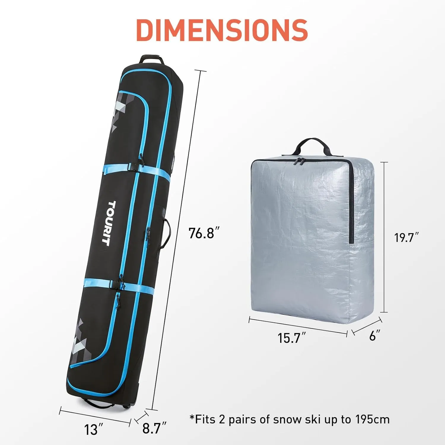 TOURIT Rolling Ski and Boot Bag Combo - Fully Padded With Wheels for Air Travel, Water-Resistant 900D Oxford Fabric, Foldable Wheeled Bag Holds 2 Pairs of Skis (195cm)