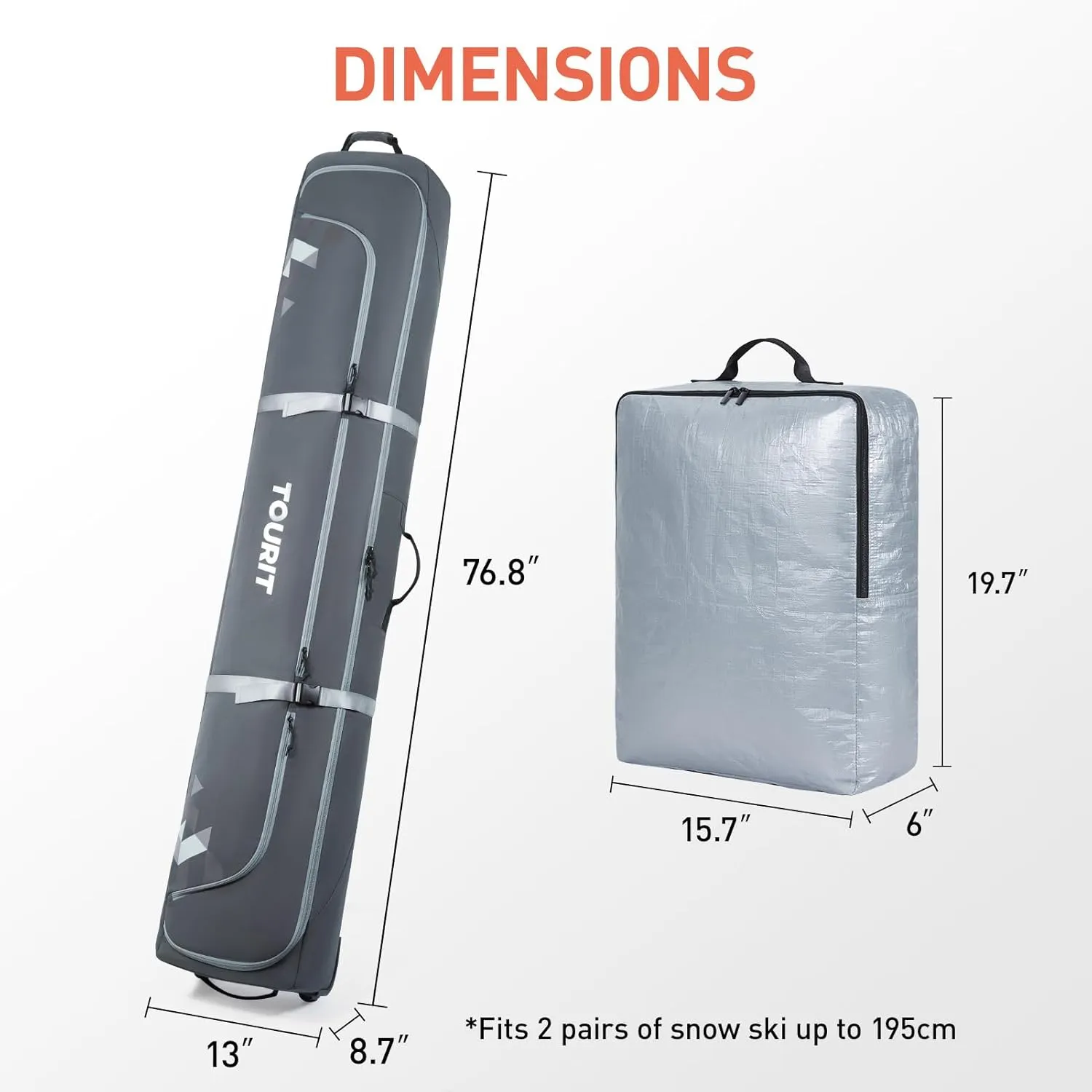 TOURIT Rolling Ski and Boot Bag Combo - Fully Padded With Wheels for Air Travel, Water-Resistant 900D Oxford Fabric, Foldable Wheeled Bag Holds 2 Pairs of Skis (195cm)