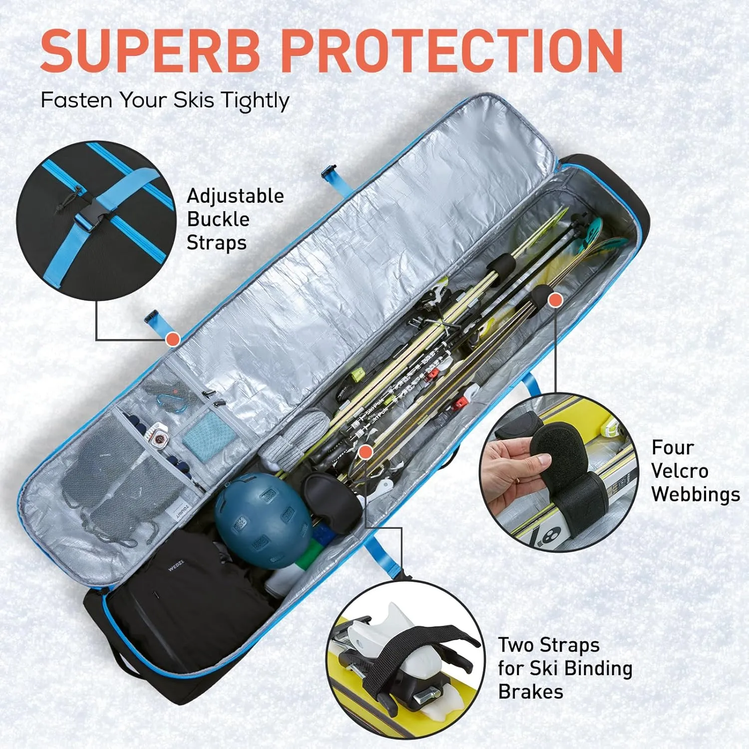TOURIT Rolling Ski and Boot Bag Combo - Fully Padded With Wheels for Air Travel, Water-Resistant 900D Oxford Fabric, Foldable Wheeled Bag Holds 2 Pairs of Skis (195cm)