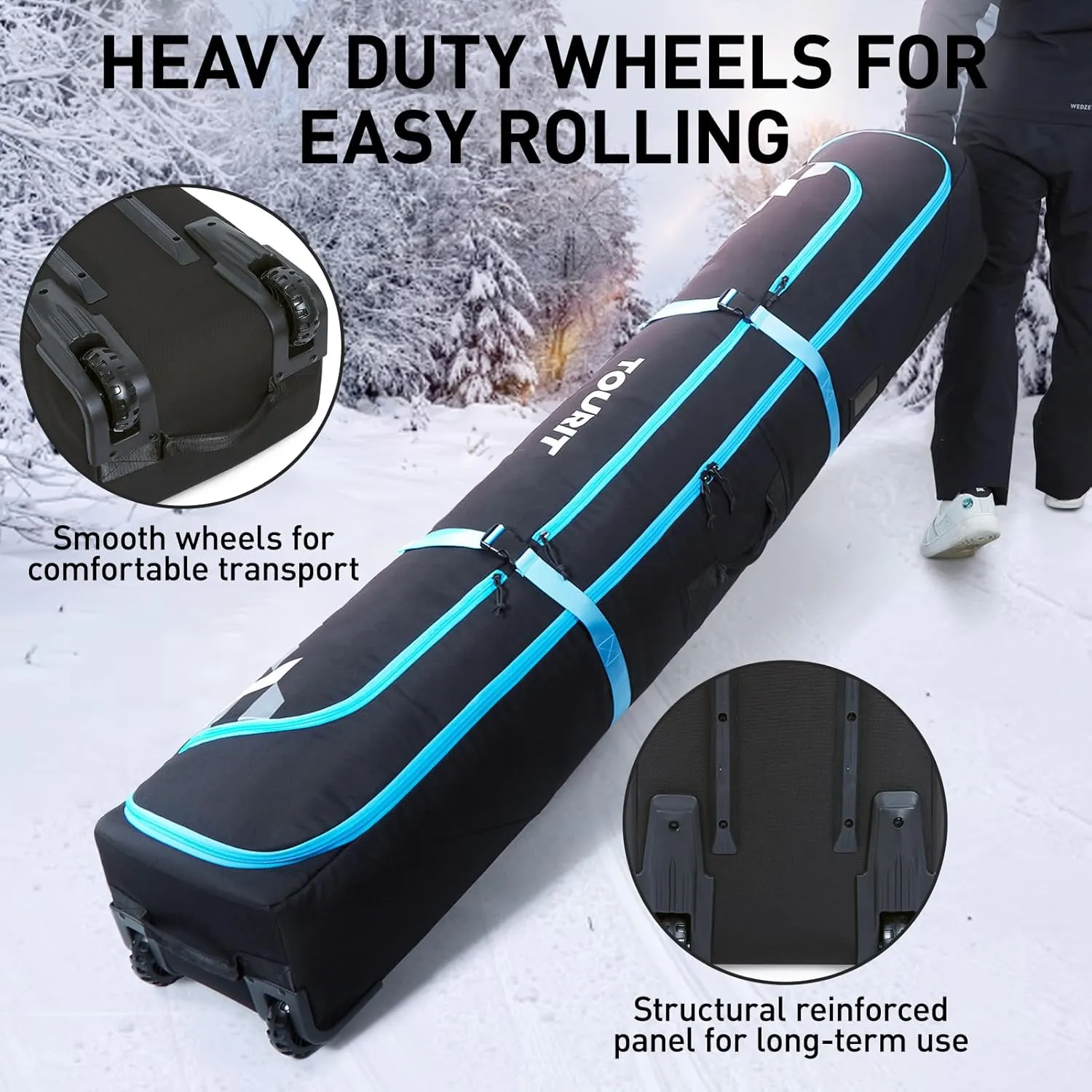 TOURIT Rolling Ski and Boot Bag Combo - Fully Padded With Wheels for Air Travel, Water-Resistant 900D Oxford Fabric, Foldable Wheeled Bag Holds 2 Pairs of Skis (195cm)