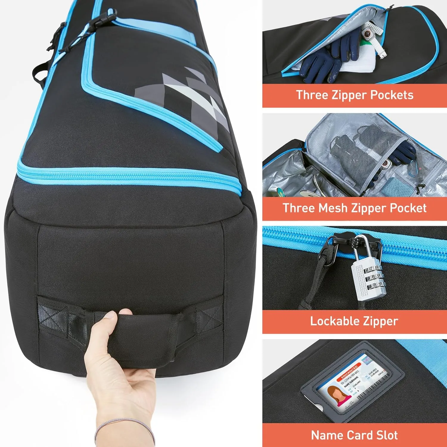 TOURIT Rolling Ski and Boot Bag Combo - Fully Padded With Wheels for Air Travel, Water-Resistant 900D Oxford Fabric, Foldable Wheeled Bag Holds 2 Pairs of Skis (195cm)