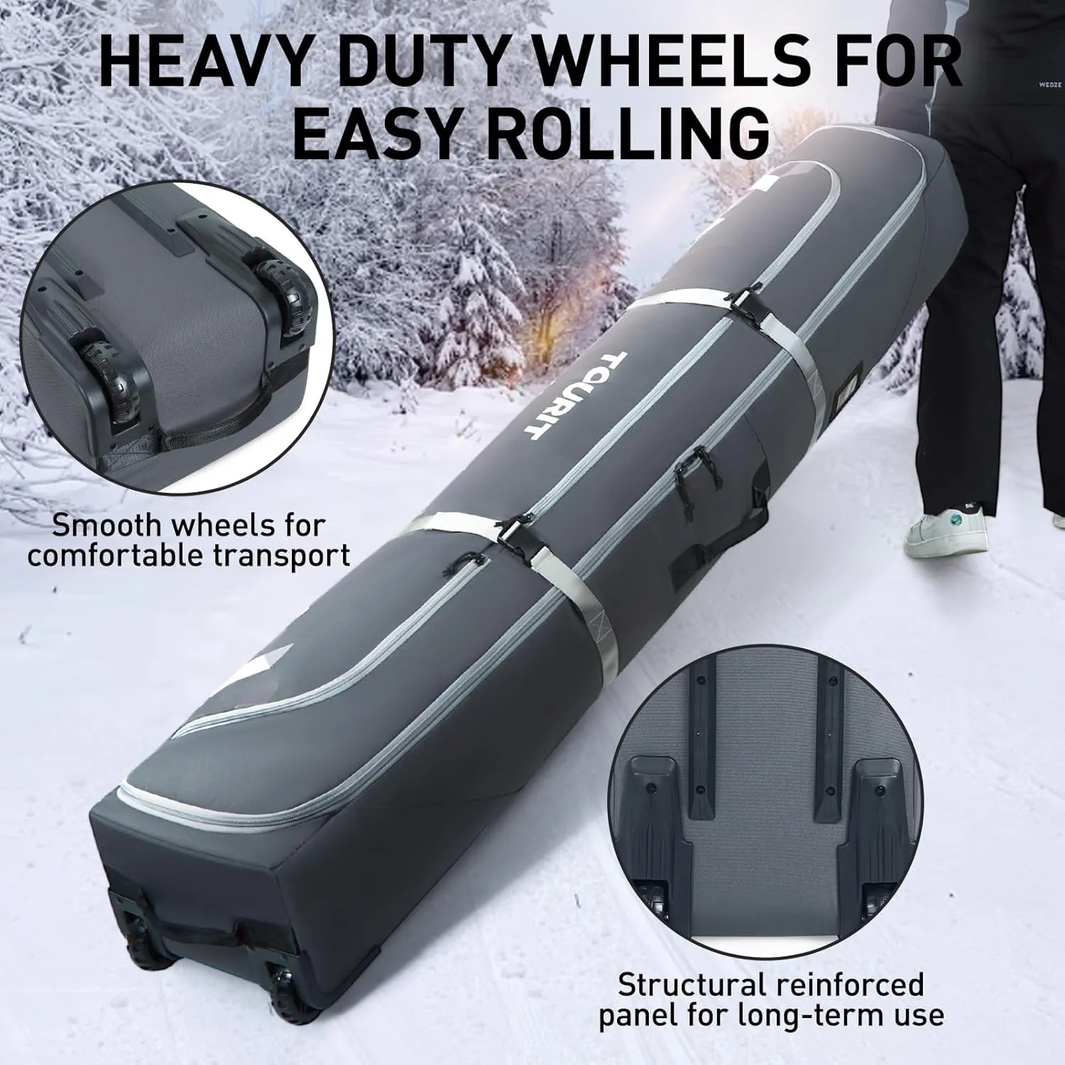 TOURIT Rolling Ski and Boot Bag Combo - Fully Padded With Wheels for Air Travel, Water-Resistant 900D Oxford Fabric, Foldable Wheeled Bag Holds 2 Pairs of Skis (195cm)