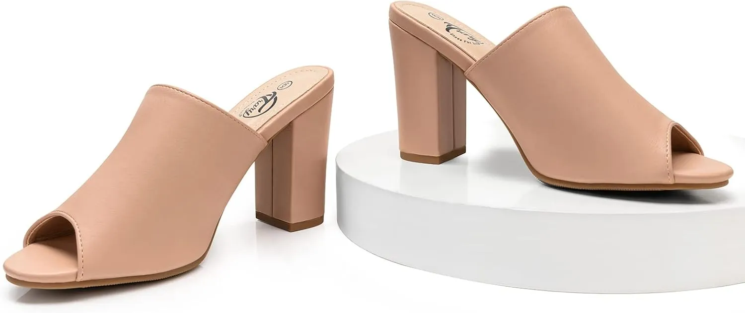 Trary Heels Sandals for Women, Women's Chunky Block High Heels Open Toe Heels Sandals Slip on Mules Comfortable Casual Dressy Black White Pink Brown Pumps