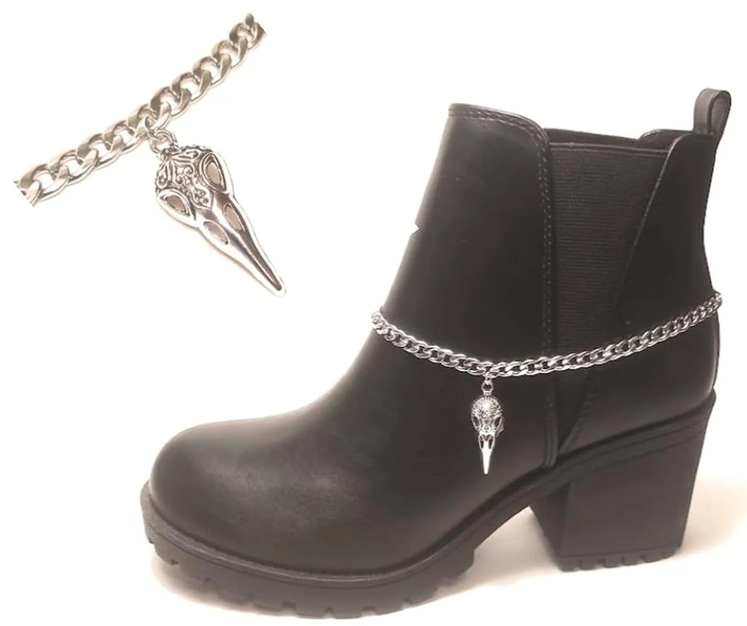 Victorian Raven Skull Stainless Steel Boot Jewelry Charm Bracelet Chain 16 Inch Double Clasp Weatherproof Prairie Goth Gift Boxed Sold Individually